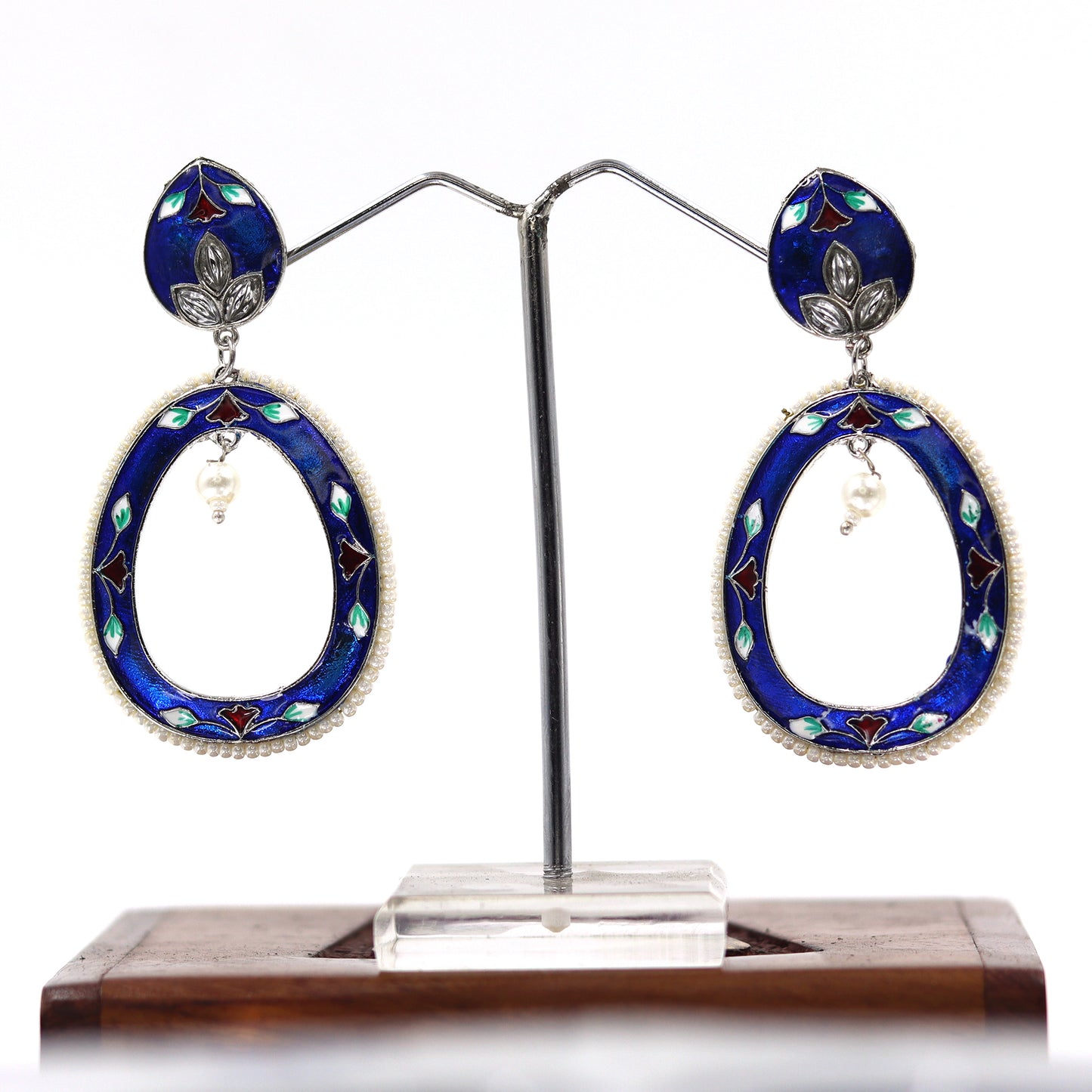 DIVAMAS blue Meenakari oval drop earrings with floral hand-painted design, silver plating, and pearl bead_02