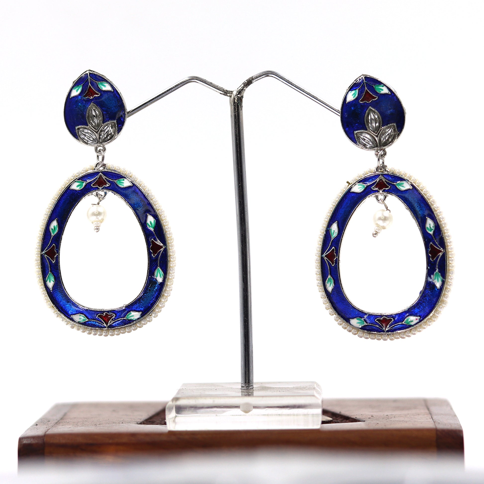 DIVAMAS blue Meenakari oval drop earrings with floral hand-painted design, silver plating, and pearl bead_02