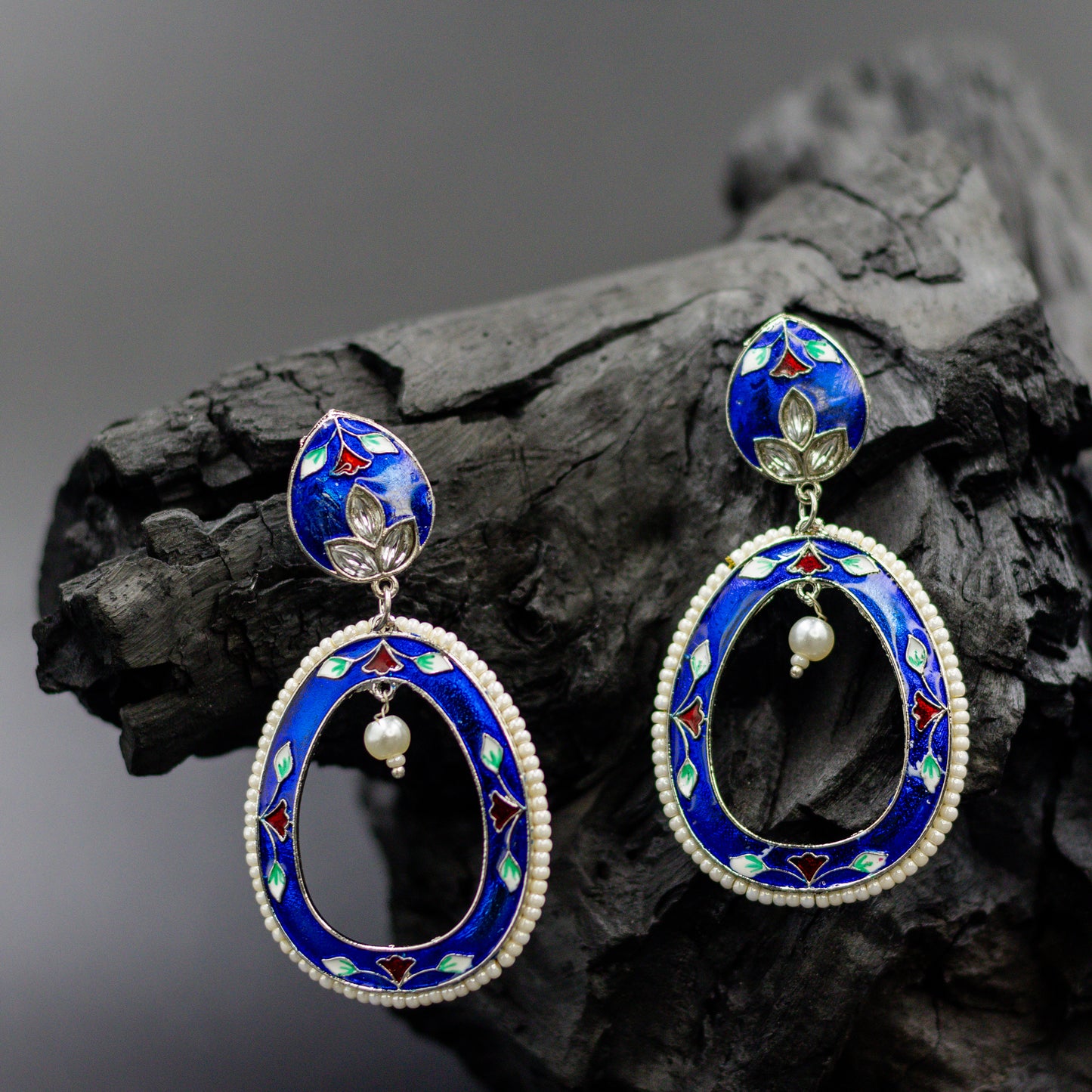 DIVAMAS blue Meenakari oval drop earrings with floral hand-painted design, silver plating, and pearl bead_04