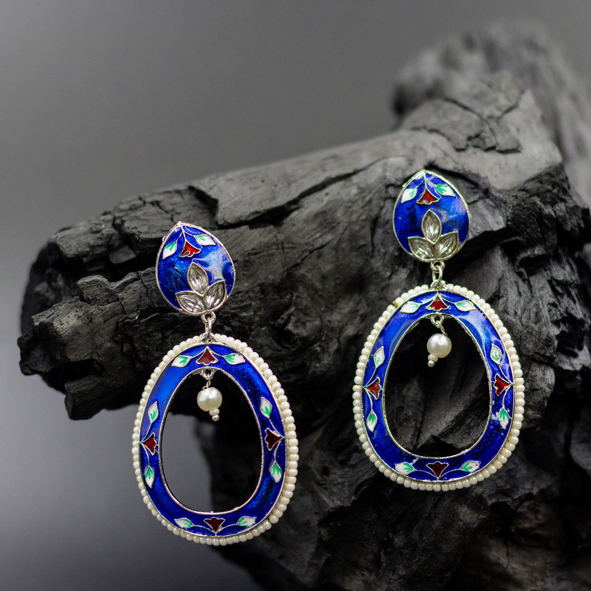 DIVAMAS blue Meenakari oval drop earrings with floral hand-painted design, silver plating, and pearl bead_04