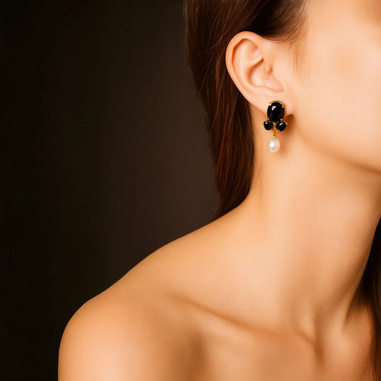 DIVAMAS Luxurious Black Raw Stone Earrings with Pearl Drop