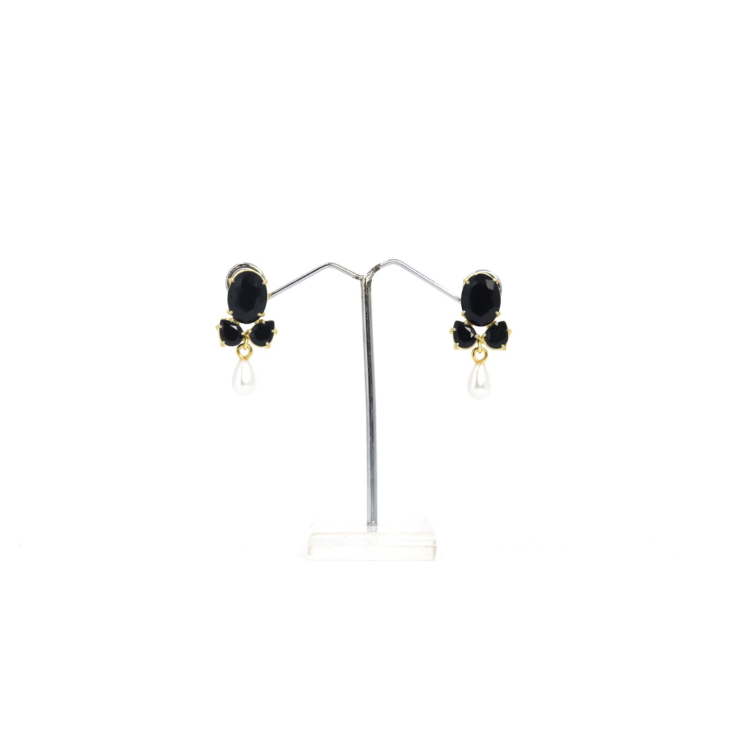 DIVAMAS Luxurious Black Raw Stone Earrings with Pearl Drop