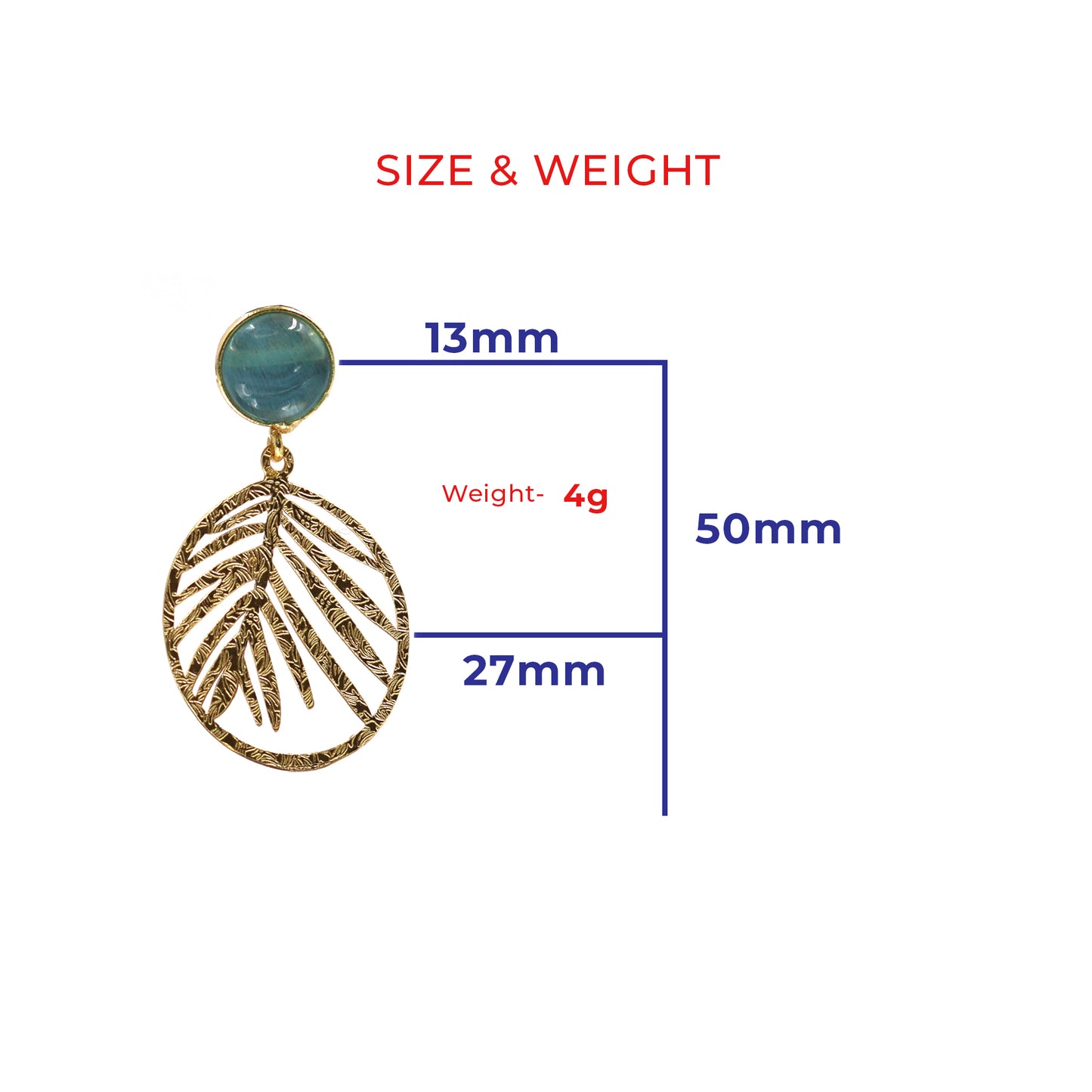 DIVAMAS gold leaf dangle earrings with aqua blue Monalisa stone stud – elegant and nature-inspired design._01