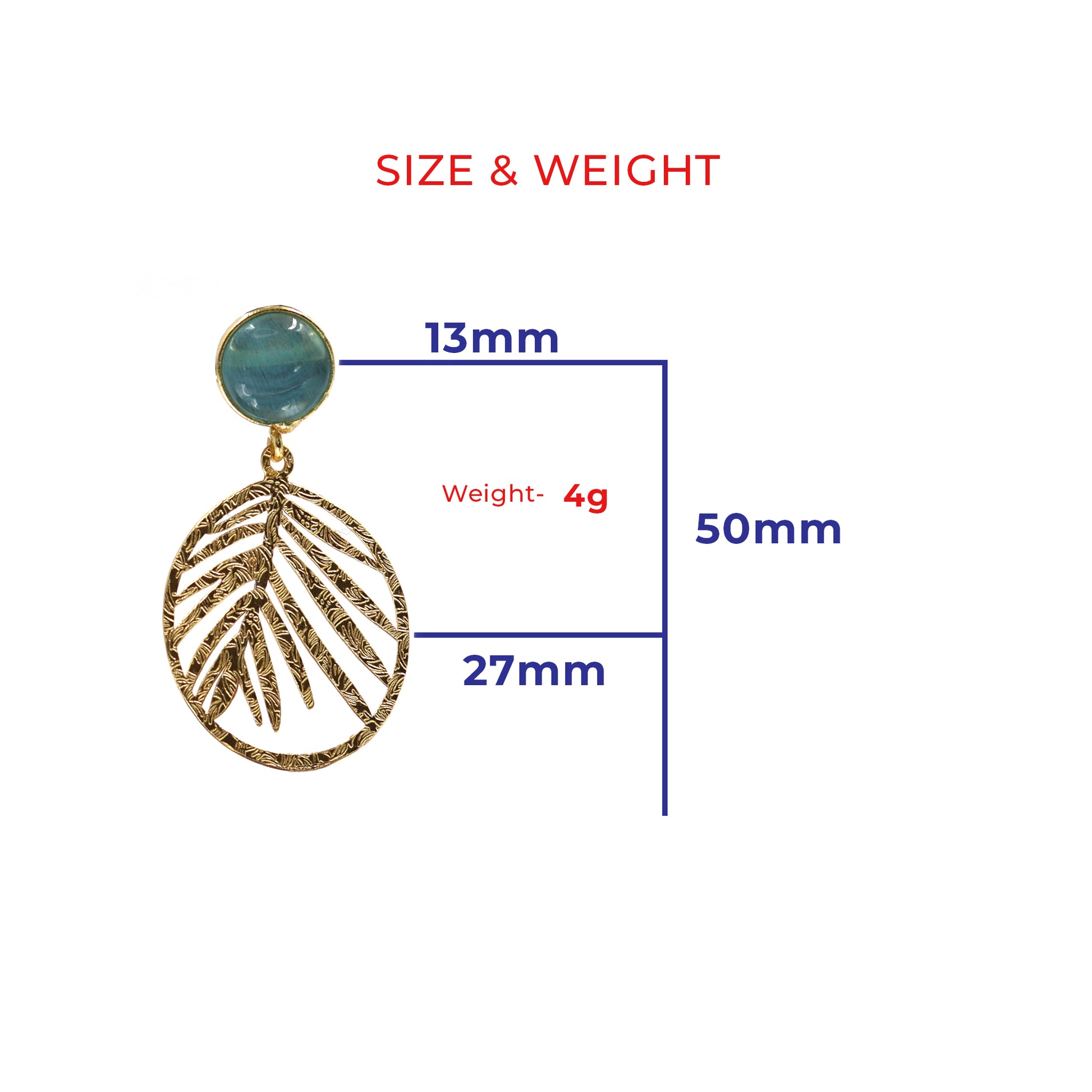 DIVAMAS gold leaf dangle earrings with aqua blue Monalisa stone stud – elegant and nature-inspired design._01
