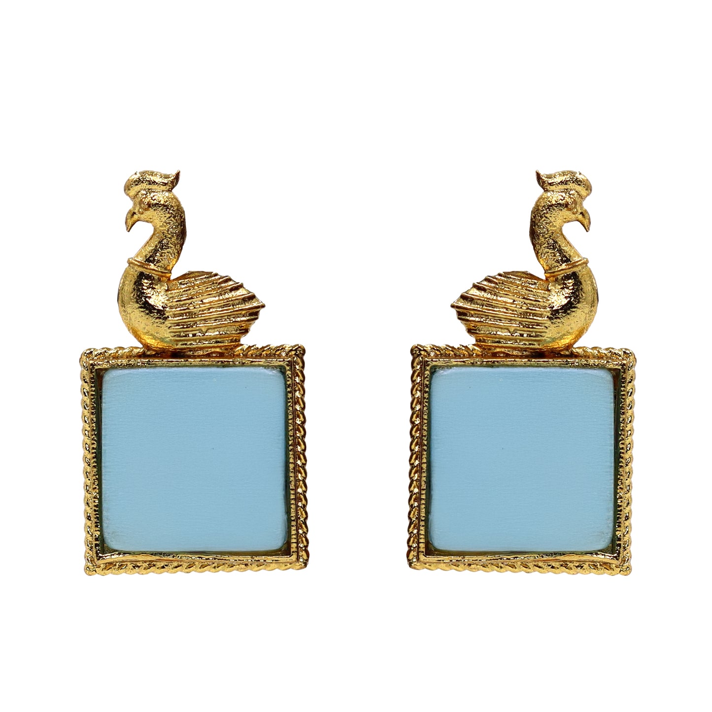 DIVAMAS handcrafted earrings with blue Monalisa stone and gold peacock top_01


