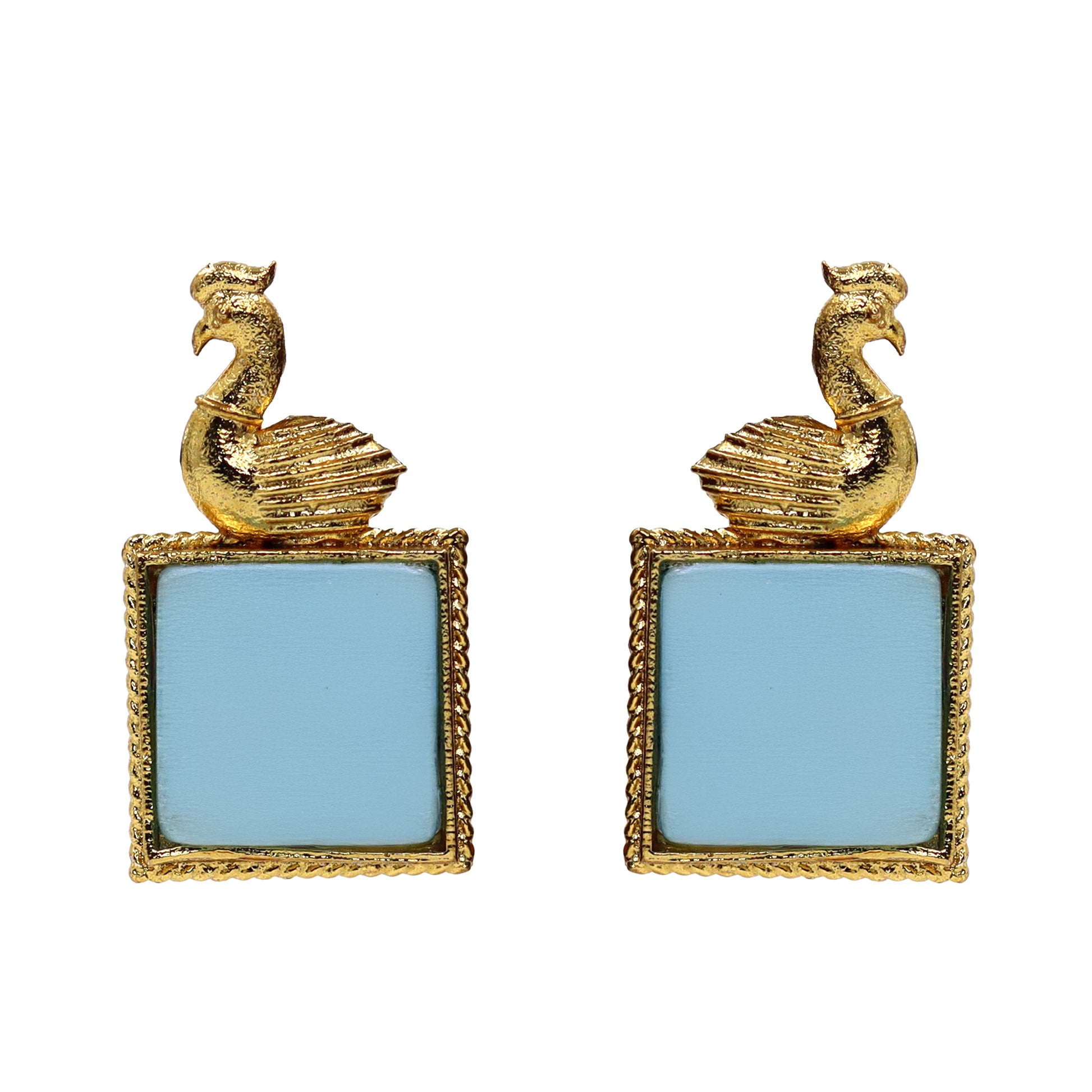 DIVAMAS handcrafted earrings with blue Monalisa stone and gold peacock top_01


