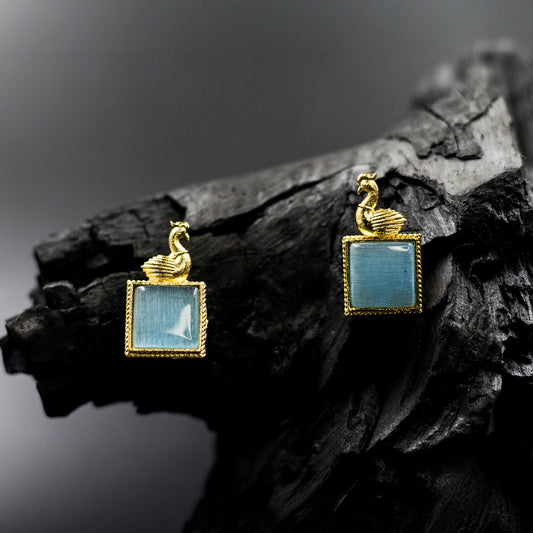  DIVAMAS handcrafted earrings with blue Monalisa stone and gold peacock top_03