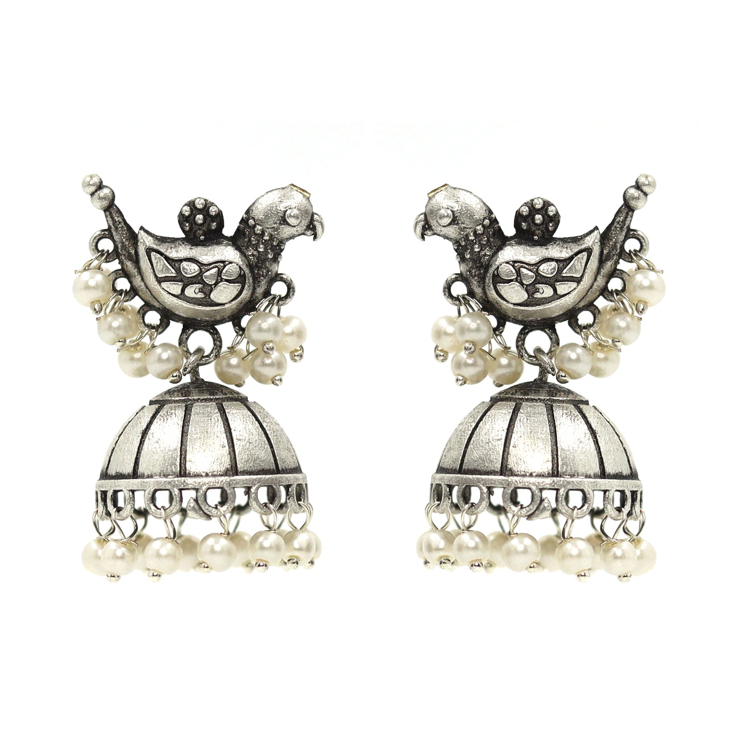 Silver-plated brass jhumka earrings with bird design and pearl drops – DIVAMAS ethnic statement earrings_03

