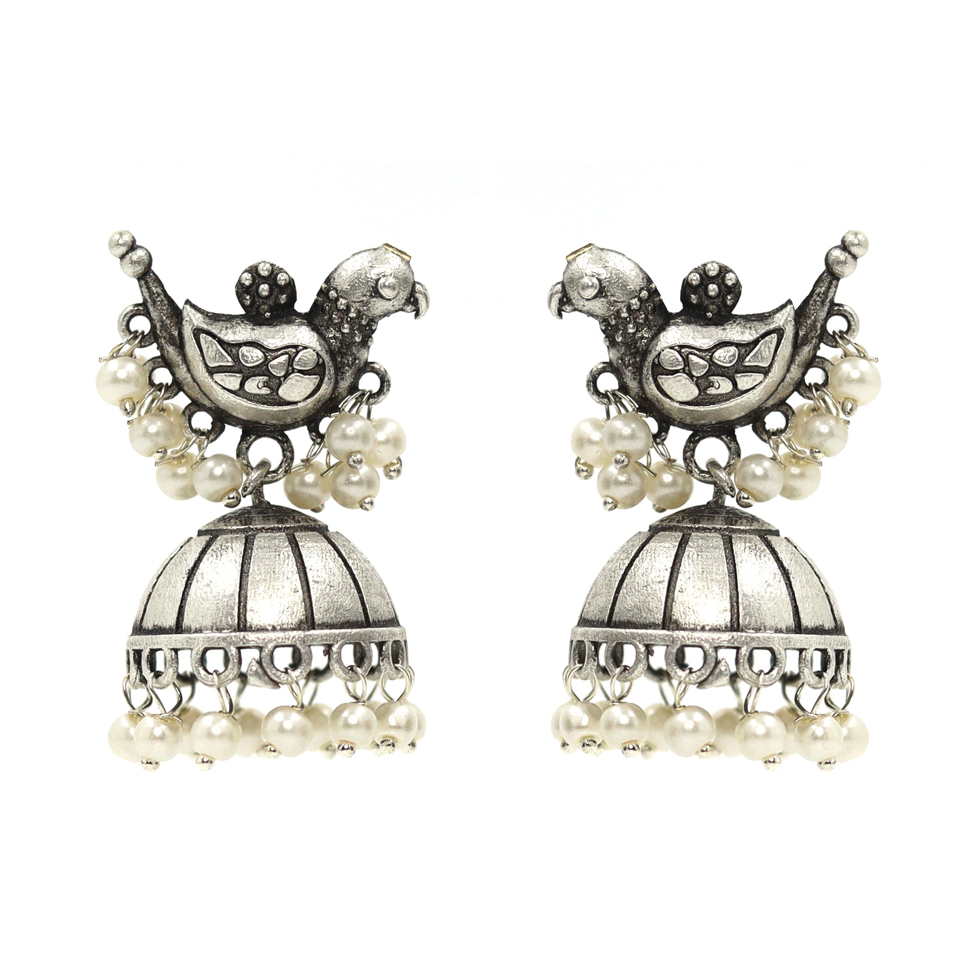 Silver-plated brass jhumka earrings with bird design and pearl drops – DIVAMAS ethnic statement earrings_03

