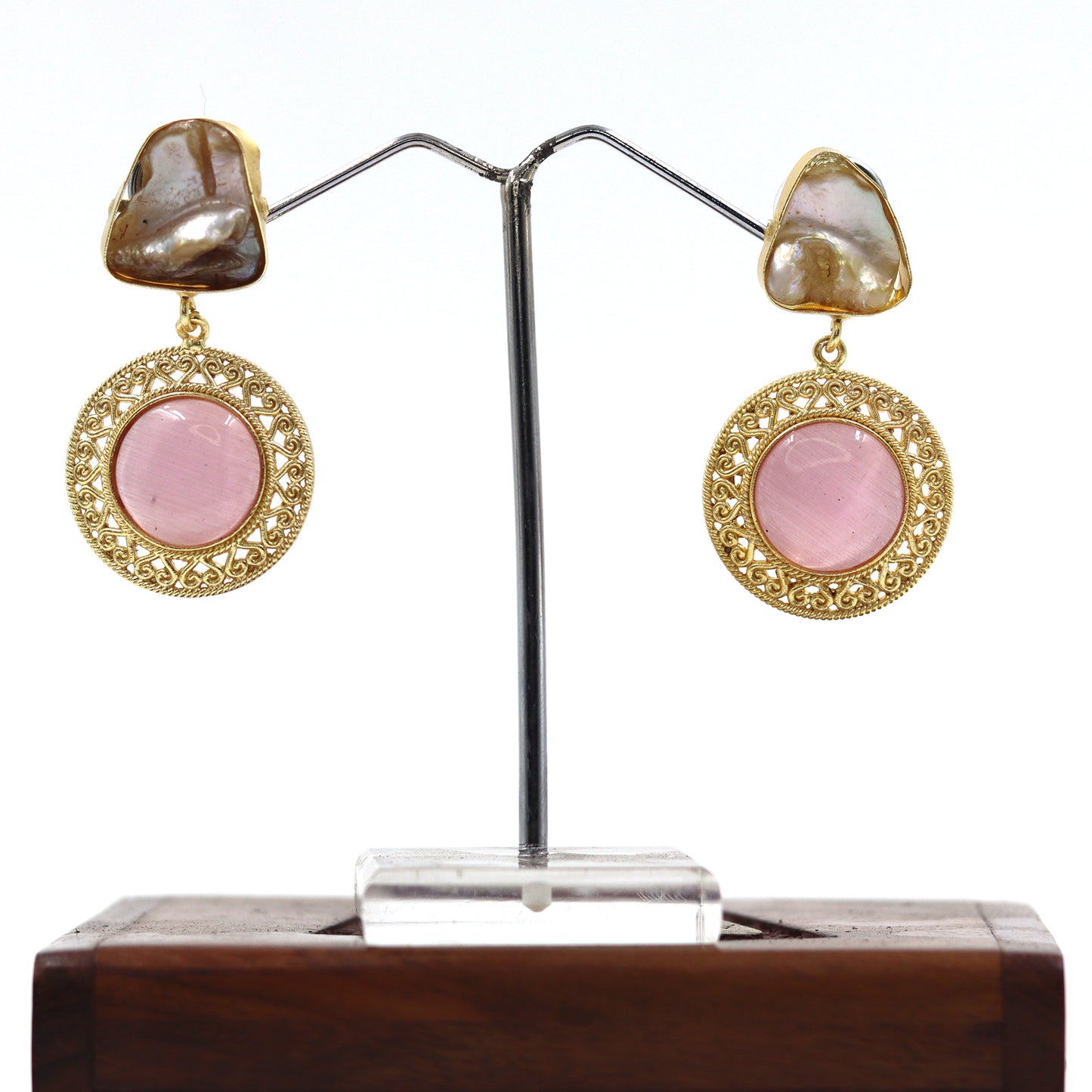 DIVAMAS earrings with natural Mother of Pearl top and pink Monalisa stone in ornate golden filigree design_02