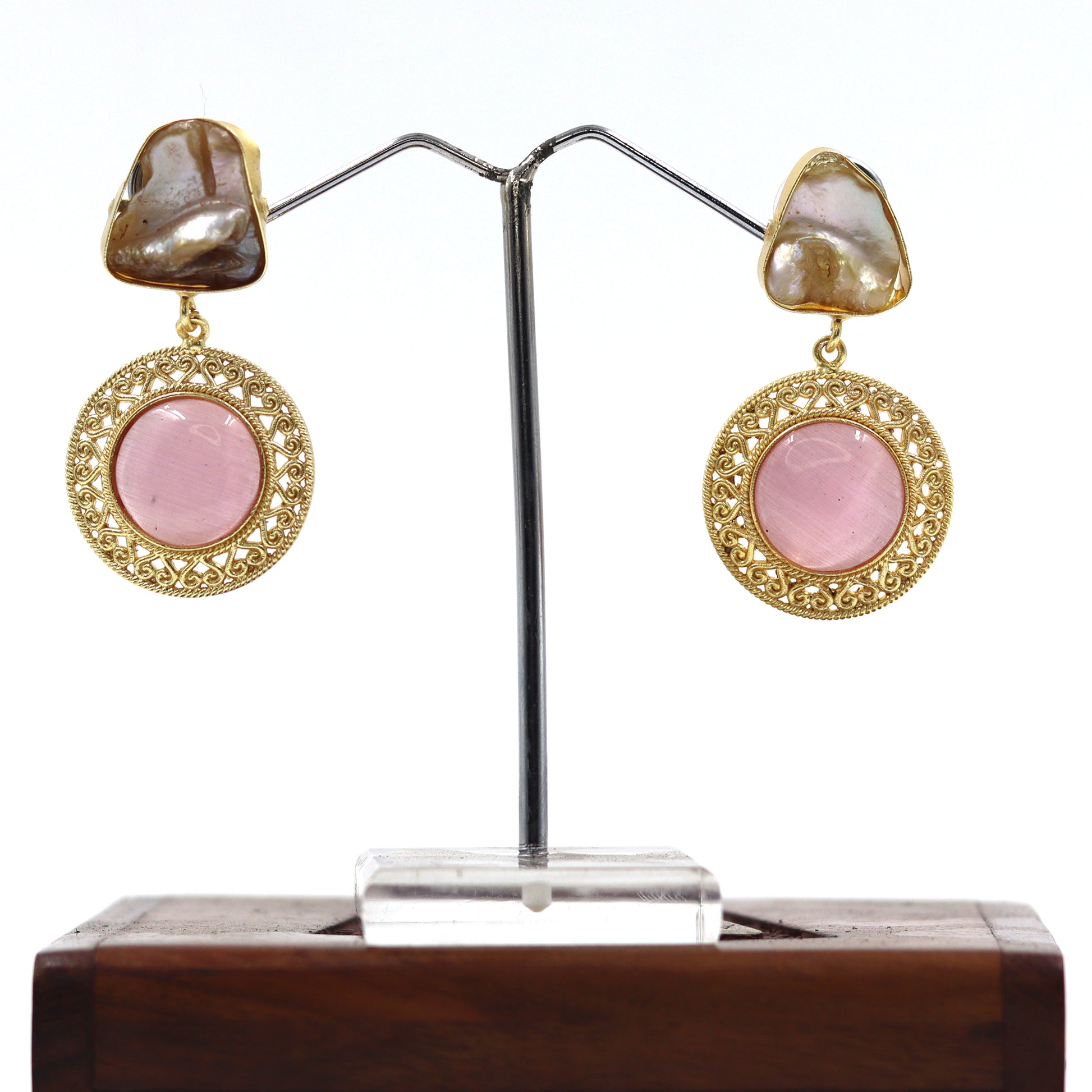 DIVAMAS earrings with natural Mother of Pearl top and pink Monalisa stone in ornate golden filigree design_02