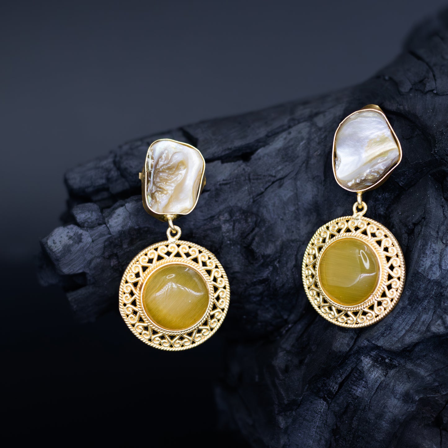  DIVAMAS earrings with raw Mother of Pearl top and yellow Monalisa stone drop in antique gold frame