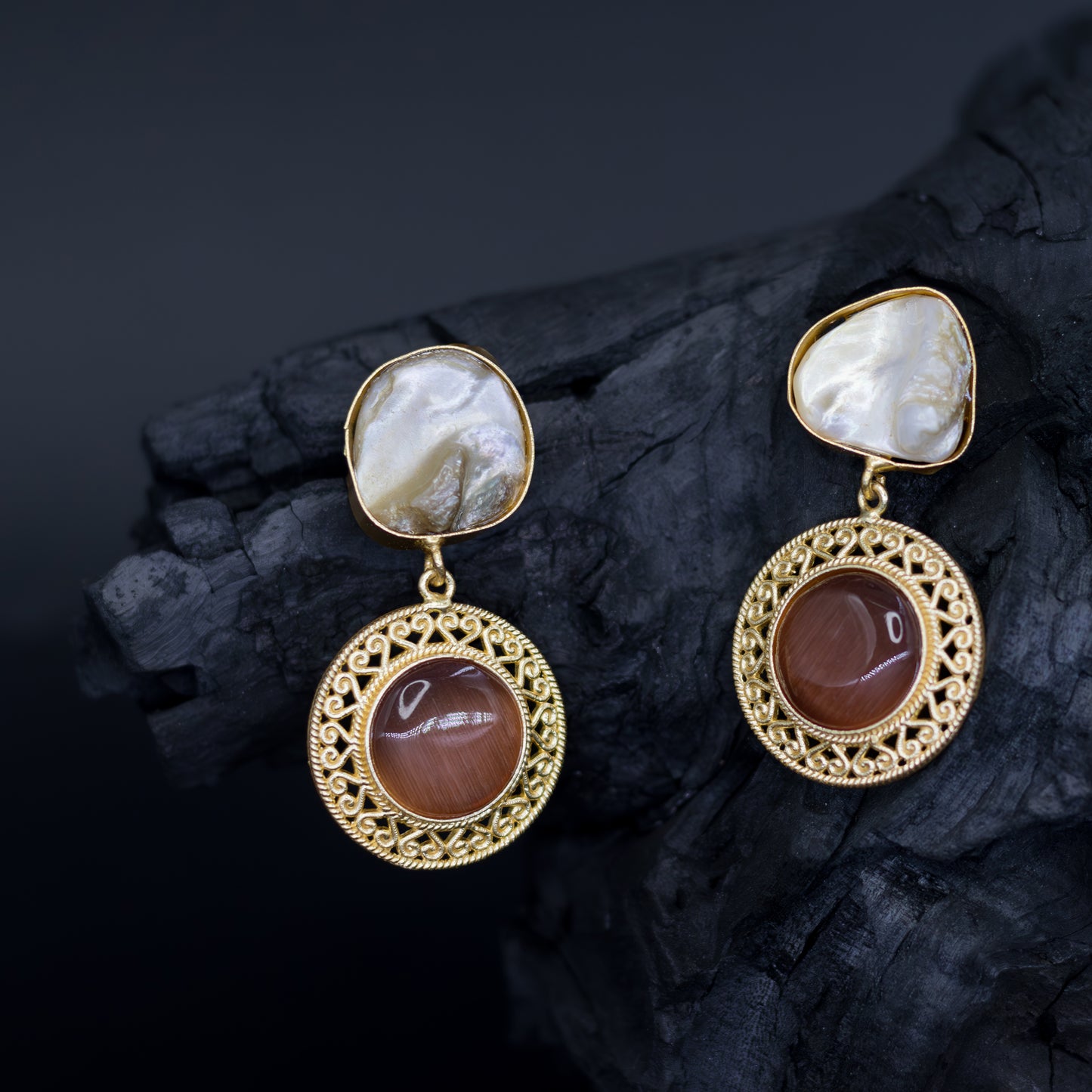DIVAMAS handcrafted earrings with reddish-brown Monalisa stone and natural raw Mother of Pearl on top
