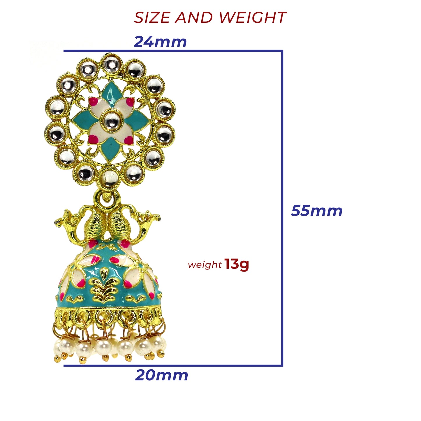 DIVAMAS teal blue and green Meenakari jhumka earrings with Kundan stones, twin peacock design, and pearl drops – traditional Indian jewelry_02

