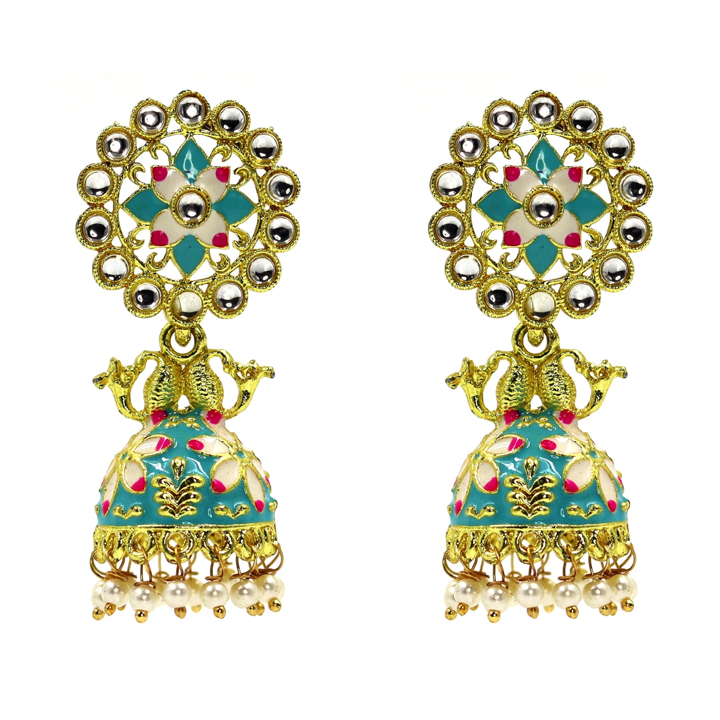 DIVAMAS teal blue and green Meenakari jhumka earrings with Kundan stones, twin peacock design, and pearl drops – traditional Indian jewelry_04

