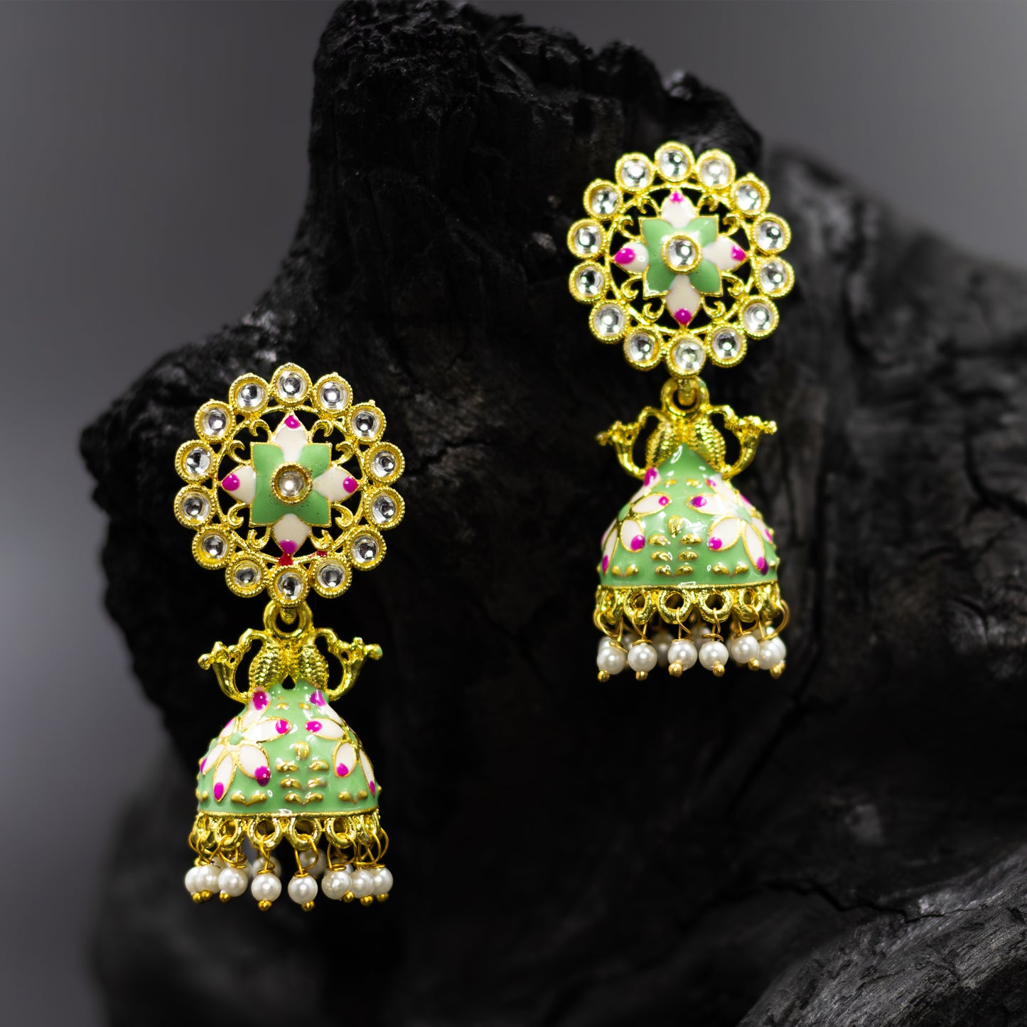 DIVAMAS teal blue and green Meenakari jhumka earrings with Kundan stones, twin peacock design, and pearl drops – traditional Indian jewelry_03

