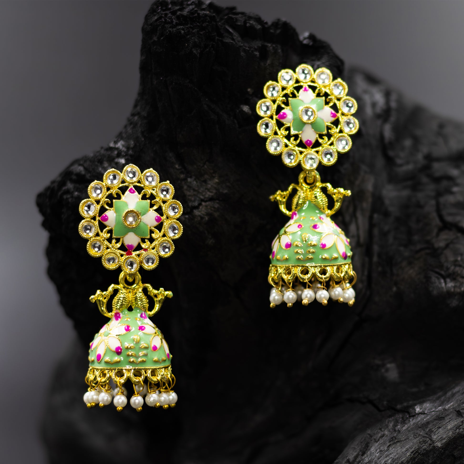 DIVAMAS teal blue and green Meenakari jhumka earrings with Kundan stones, twin peacock design, and pearl drops – traditional Indian jewelry_03

