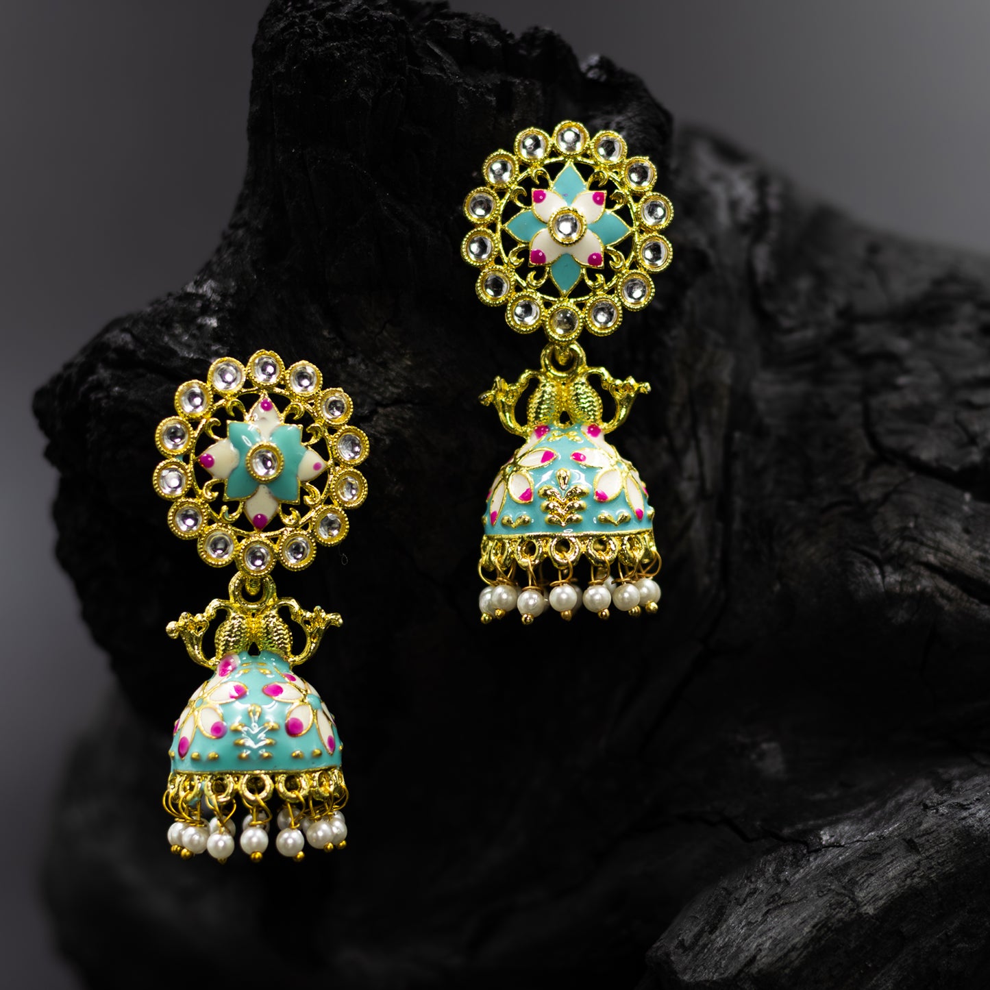 DIVAMAS teal blue and green Meenakari jhumka earrings with Kundan stones, twin peacock design, and pearl drops – traditional Indian jewelry_05

