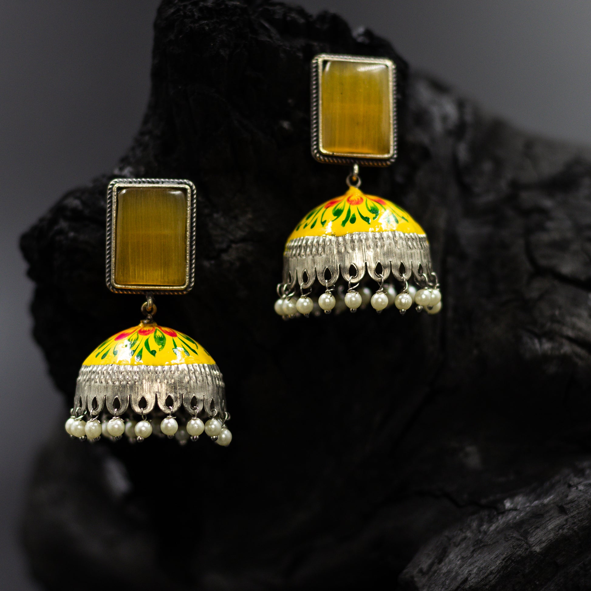 DIVAMAS yellow Meenakari jhumka earrings with floral enamel, antique silver dome, and pearl tassels_02

