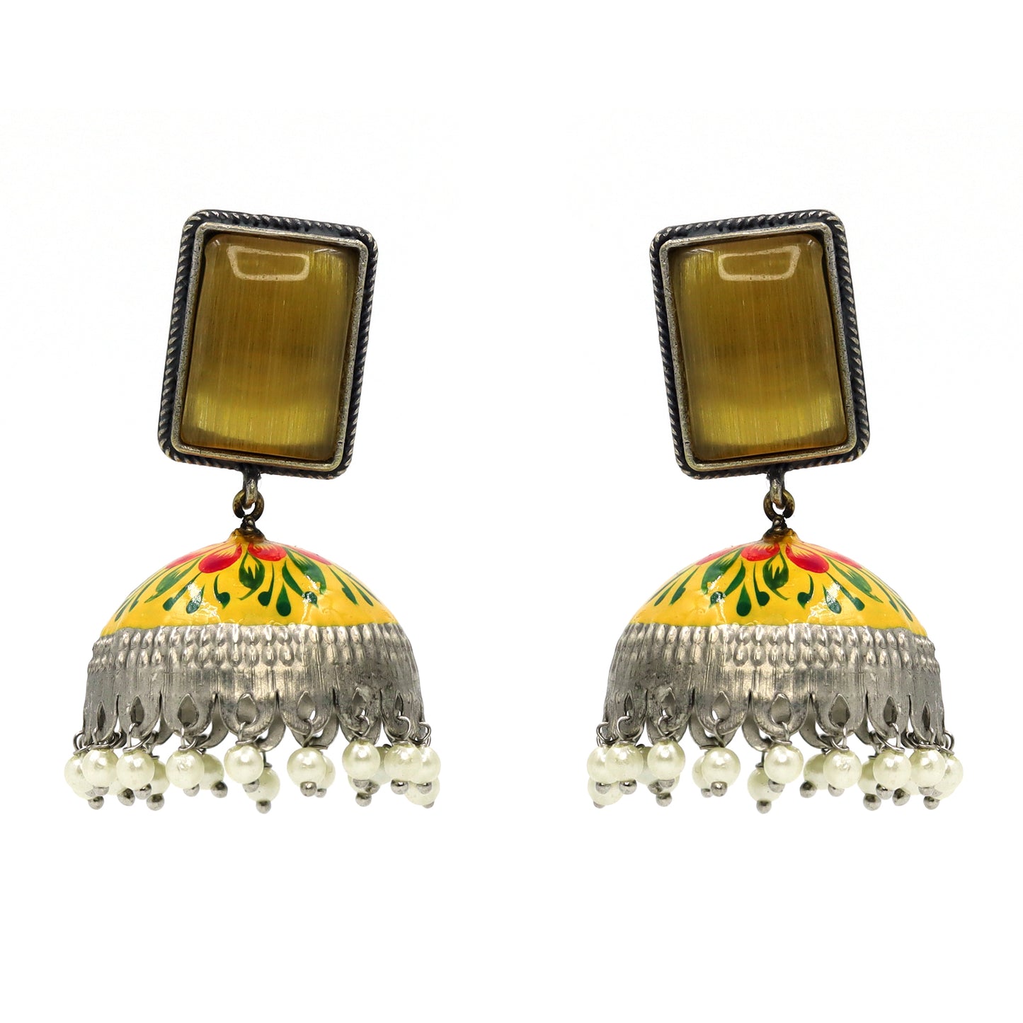 DIVAMAS yellow Meenakari jhumka earrings with floral enamel, antique silver dome, and pearl tassels_03

