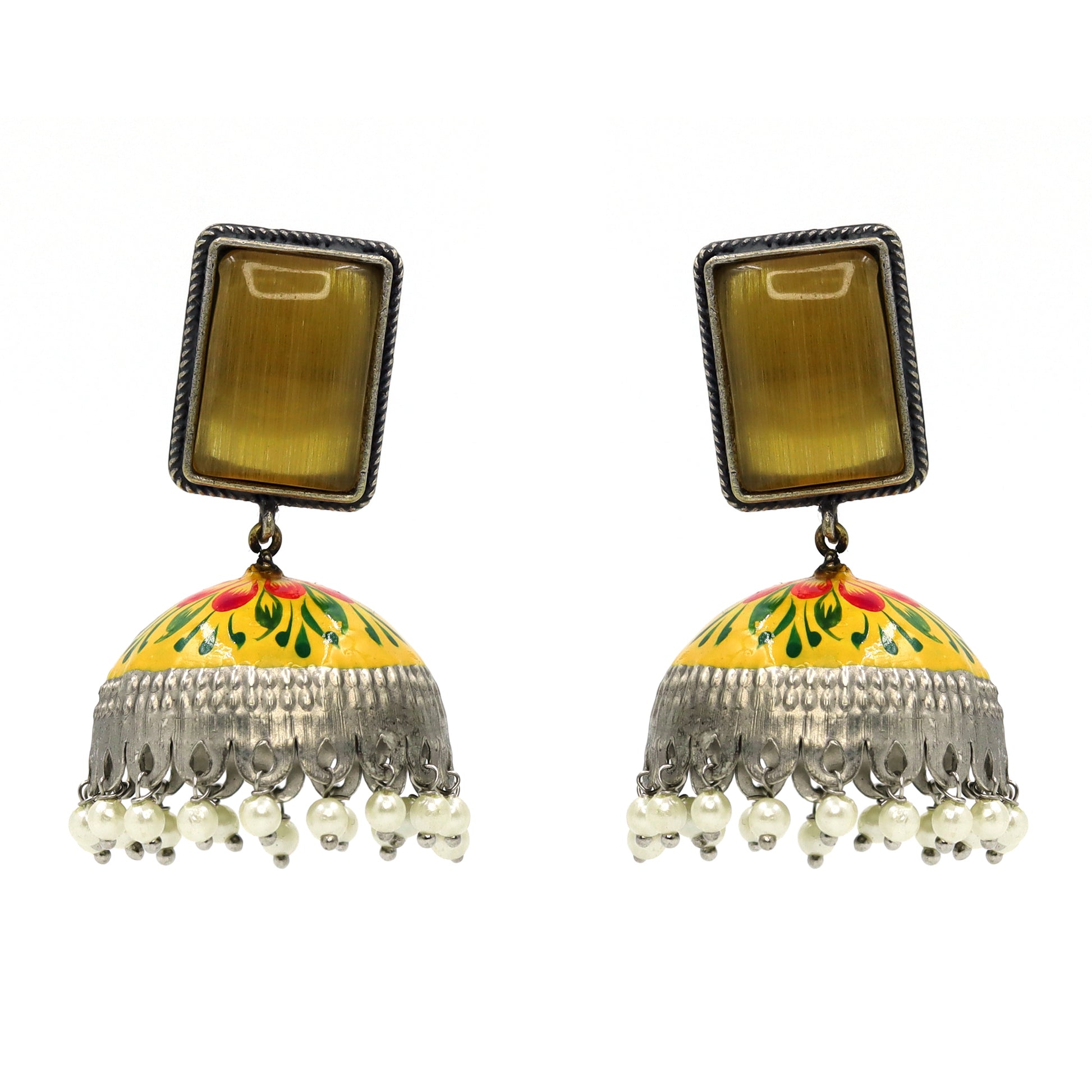DIVAMAS yellow Meenakari jhumka earrings with floral enamel, antique silver dome, and pearl tassels_03

