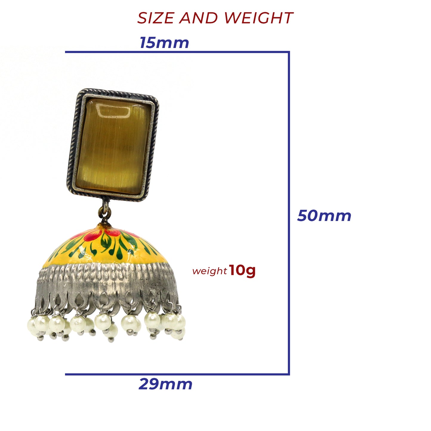 DIVAMAS yellow Meenakari jhumka earrings with floral enamel, antique silver dome, and pearl tassels_04

