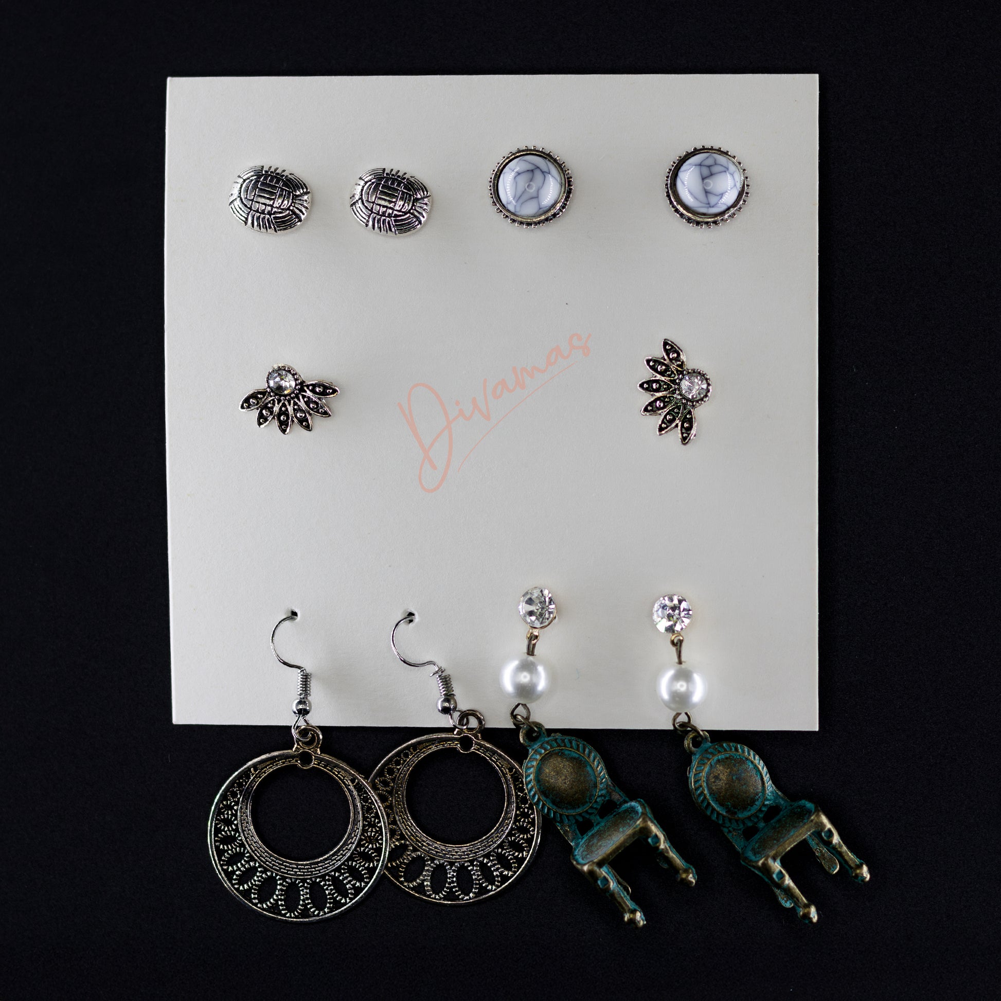 DIVAMAS Earring Combo Set – trendy, lightweight hoops, studs & danglers for daily fashion and party-ready glam.