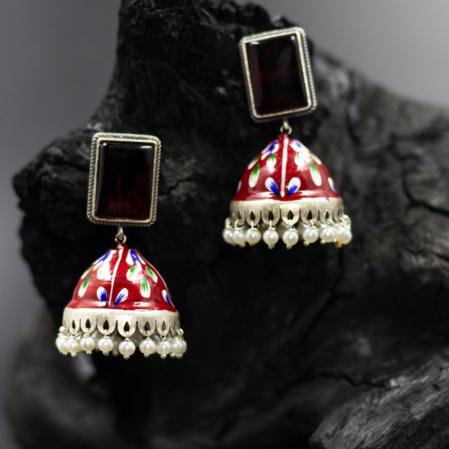 DIVAMAS red hand-painted jhumka earrings with antique silver finish and pearl beaded design – perfect traditional earrings for women_02

