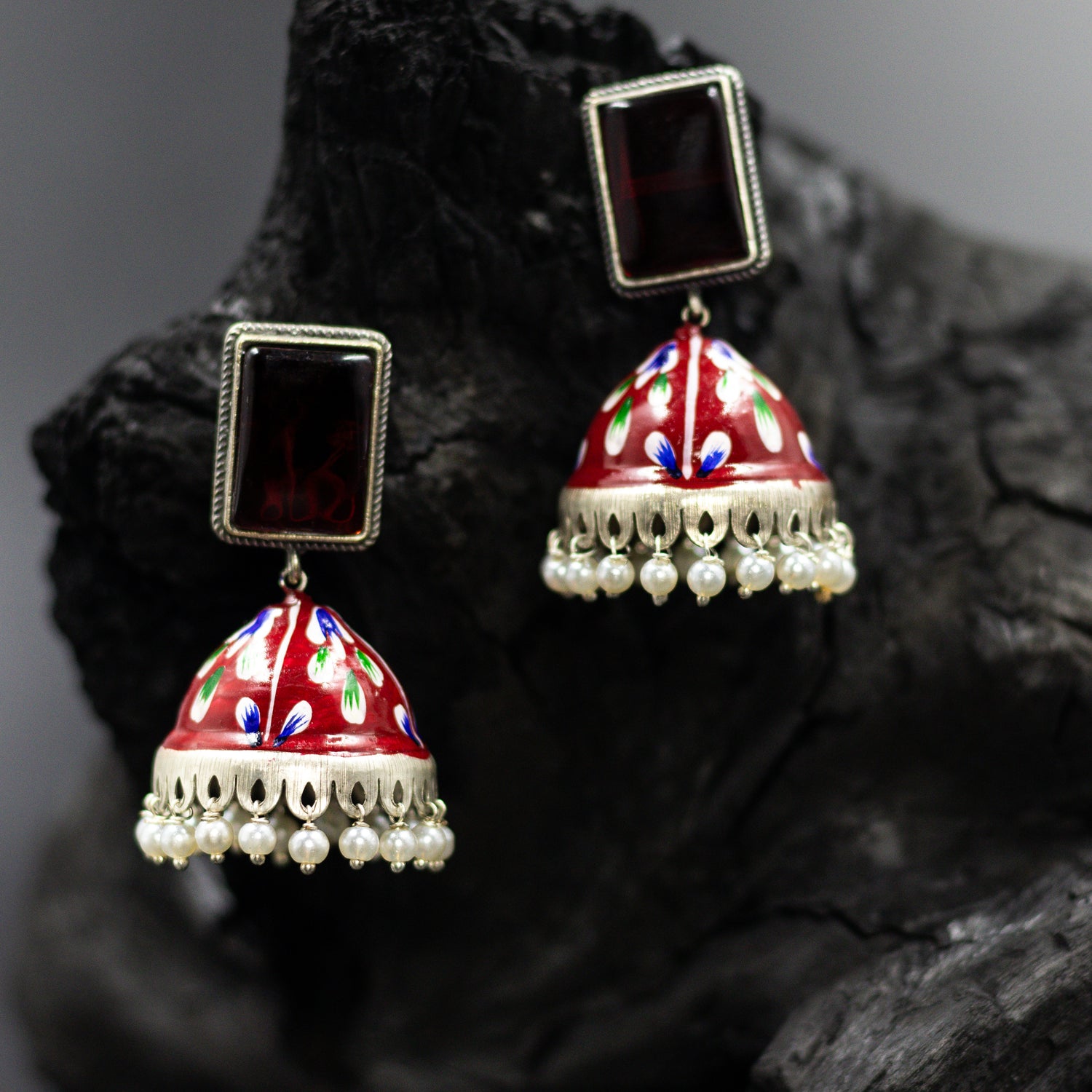 DIVAMAS red hand-painted jhumka earrings with antique silver finish and pearl beaded design – perfect traditional earrings for women_02

