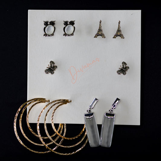 DIVAMAS Women’s Earring Combo featuring Owl Set, Eiffel Tower Set, Butterfly Set, Layered Hoop Set, and Crystal Set; stylish and versatile designs for all occasions_02


