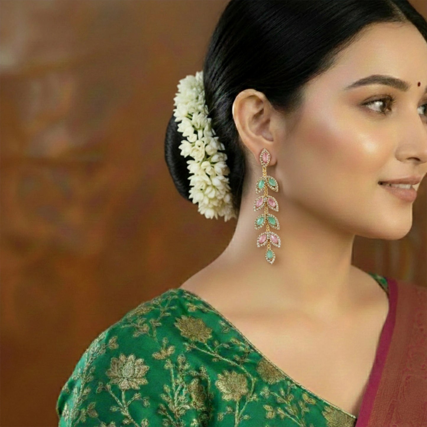 Designer long earrings with green and peach stones