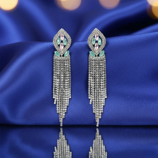 Designer silver tassel earrings with pastel stones