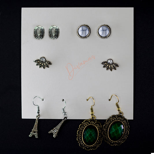 Discover DIVAMAS stylish 5-pair earring combo – from trendy hoops to elegant danglers, perfect for any look.