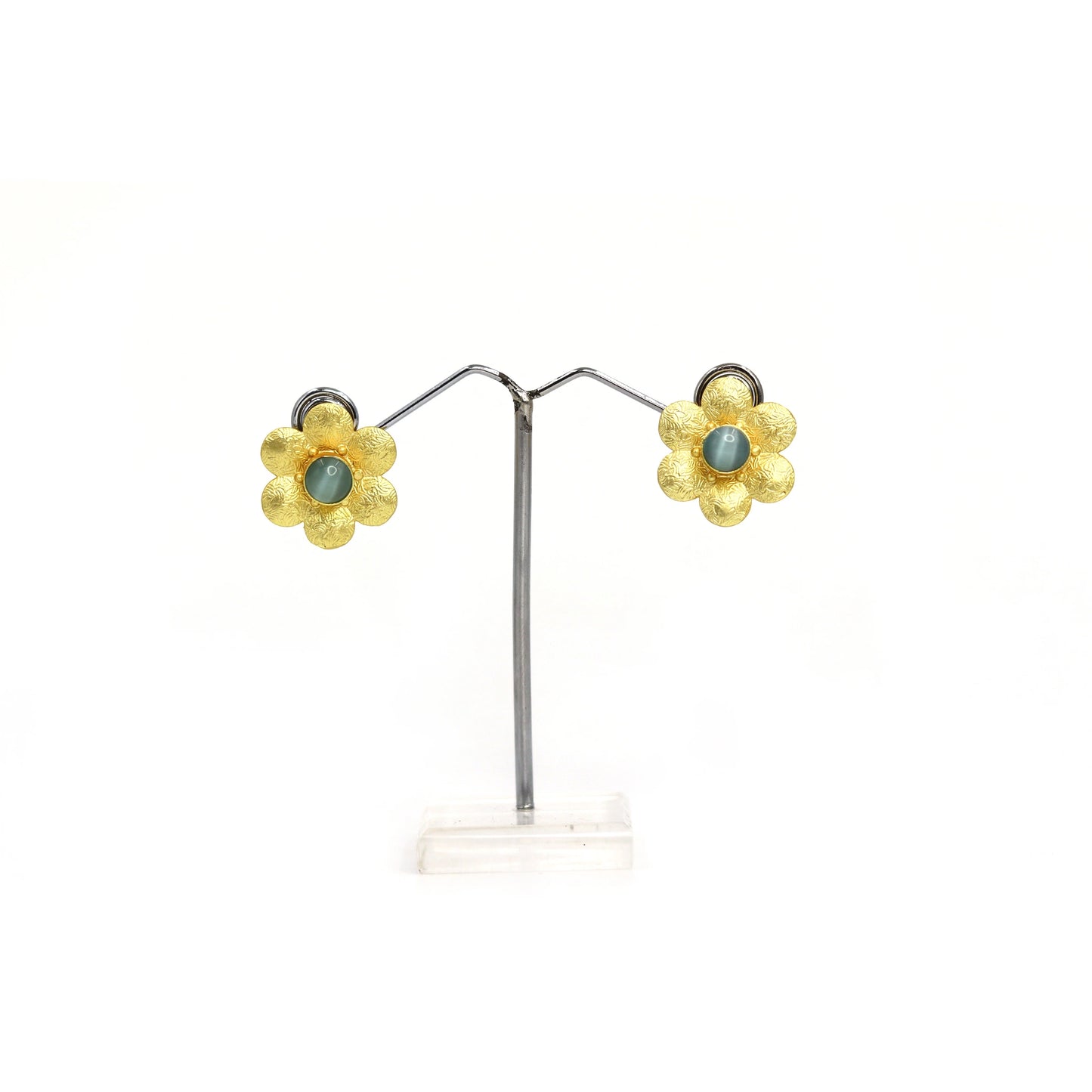 Divamas Elegant Floral Stud Earrings with Textured Gold Finish & Center Gem –Aqua Blue