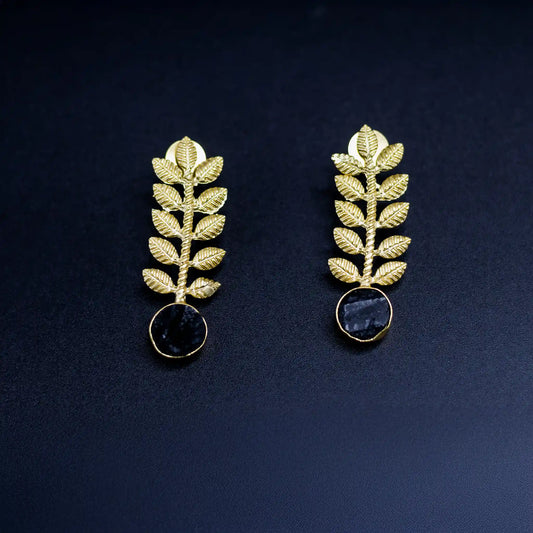 Divamas Gold Leaf Earrings with Black Stone – Bold & Luxe