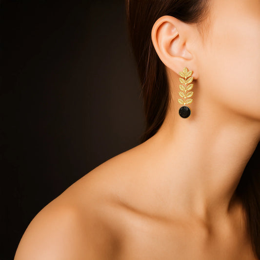 Divamas Gold Leaf Earrings with Black Stone – Bold & Luxe