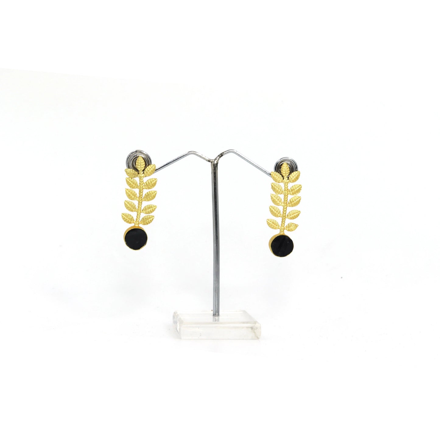 Divamas Gold Leaf Earrings with Black Stone – Bold & Luxe