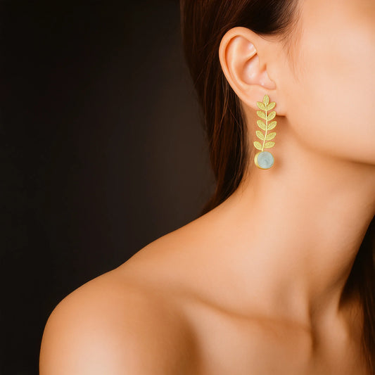 Divamas Gold Plated Leaf Earrings with Mint Stone – Nature Luxe