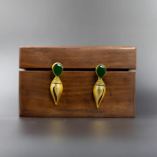 Divamas Gold Plated Shankh Design Earrings with Raw Green Stone