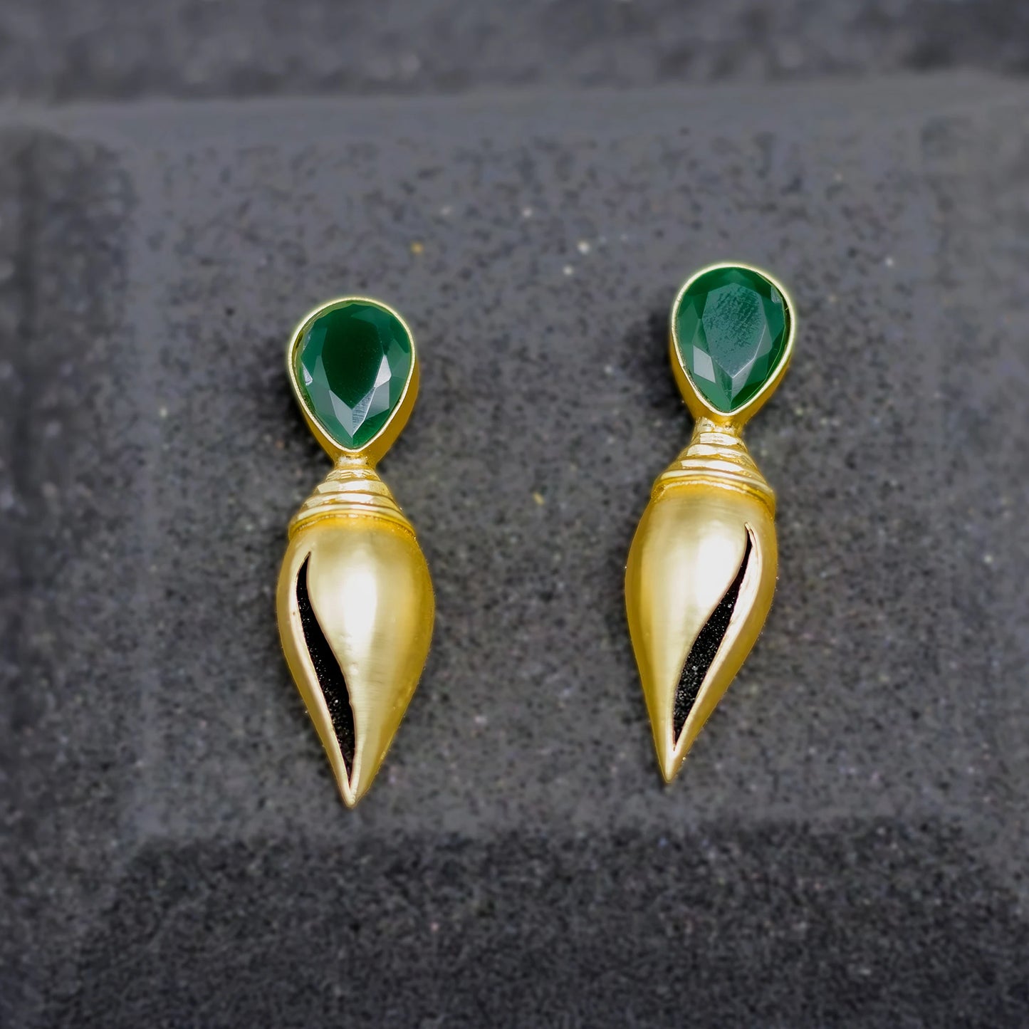 Divamas Gold Plated Shankh Design Earrings with Raw Green Stone