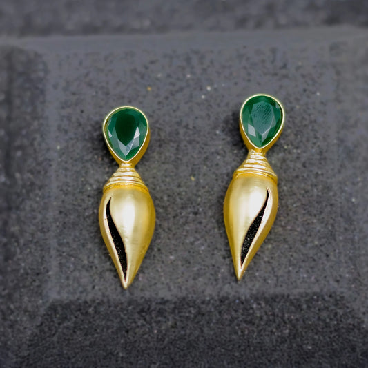 Divamas Gold Plated Shankh Design Earrings with Raw Green Stone