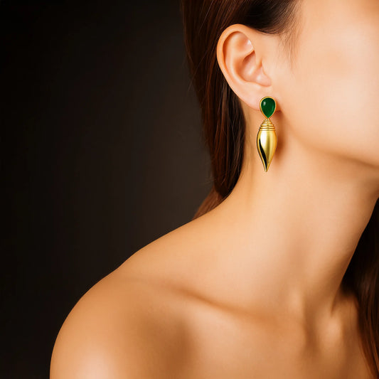 Divamas Gold Plated Shankh Design Earrings with Raw Green Stone