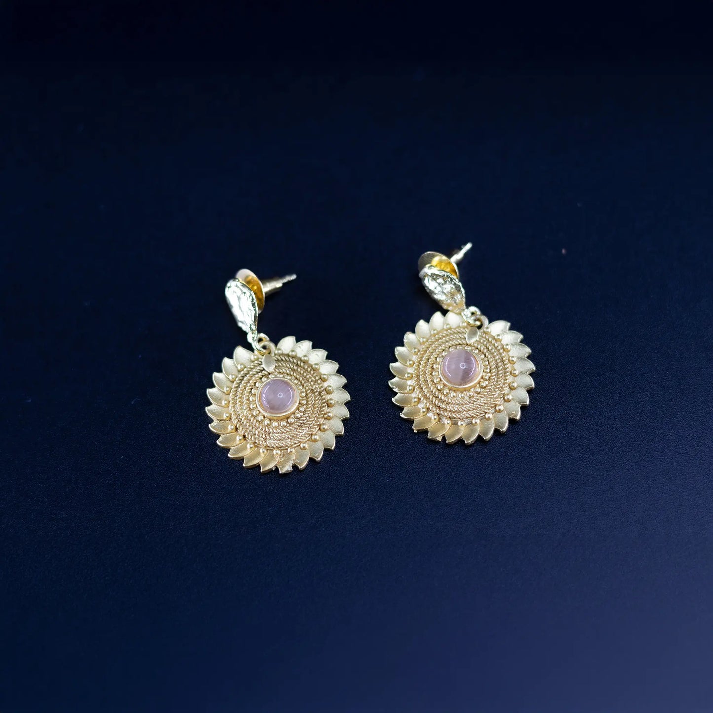 Divamas Grand Gold-Plated Round Drop Earrings with Center Stone Pinkish-Brown  – Luxury Ethnic Designer Jewelry