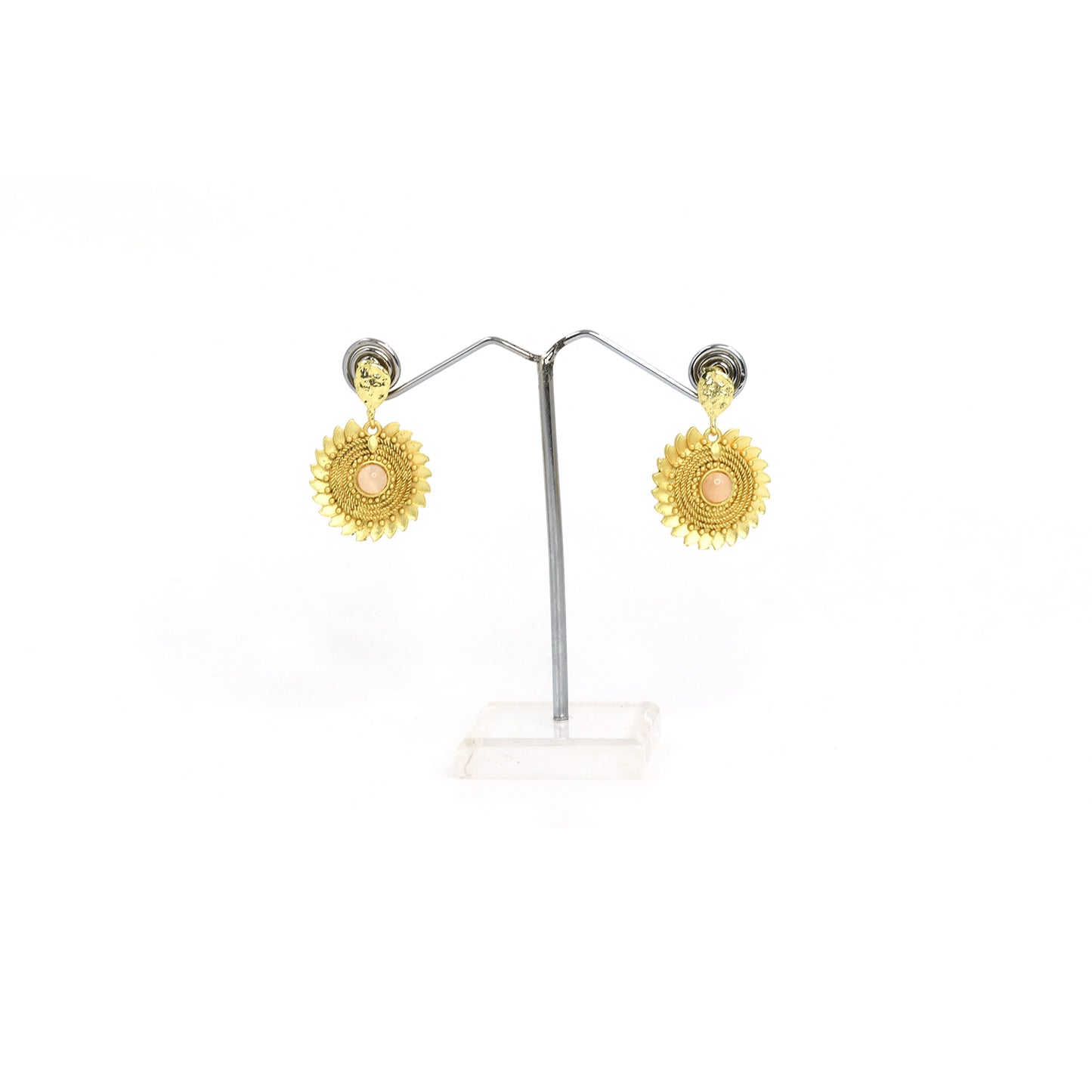 Divamas Grand Gold-Plated Round Drop Earrings with Center Stone Pinkish-Brown  – Luxury Ethnic Designer Jewelry
