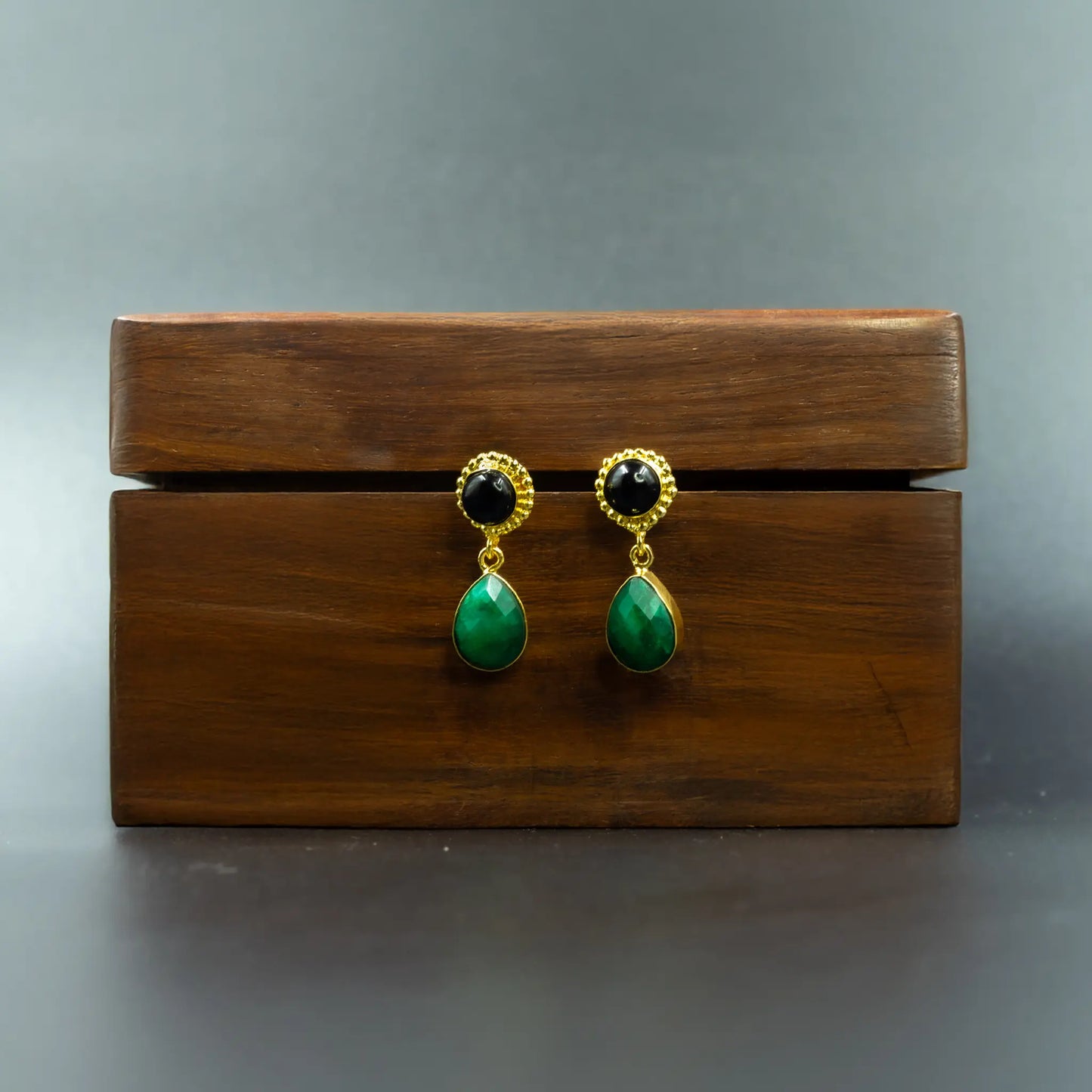 Divamas Luxurious Green & Black Raw Stone Drop Earrings – Gold Plated Designer Charm