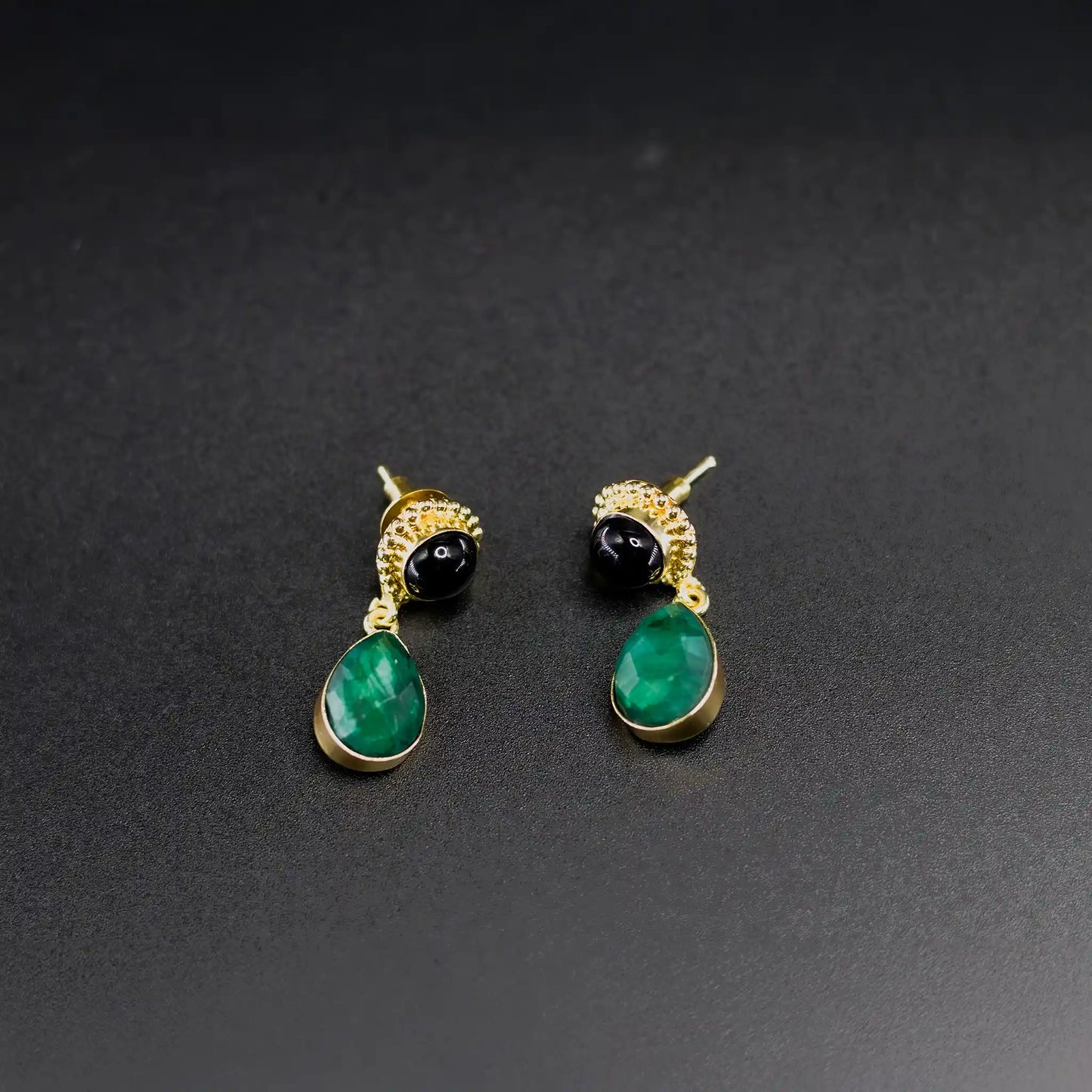 Divamas Luxurious Green & Black Raw Stone Drop Earrings – Gold Plated Designer Charm