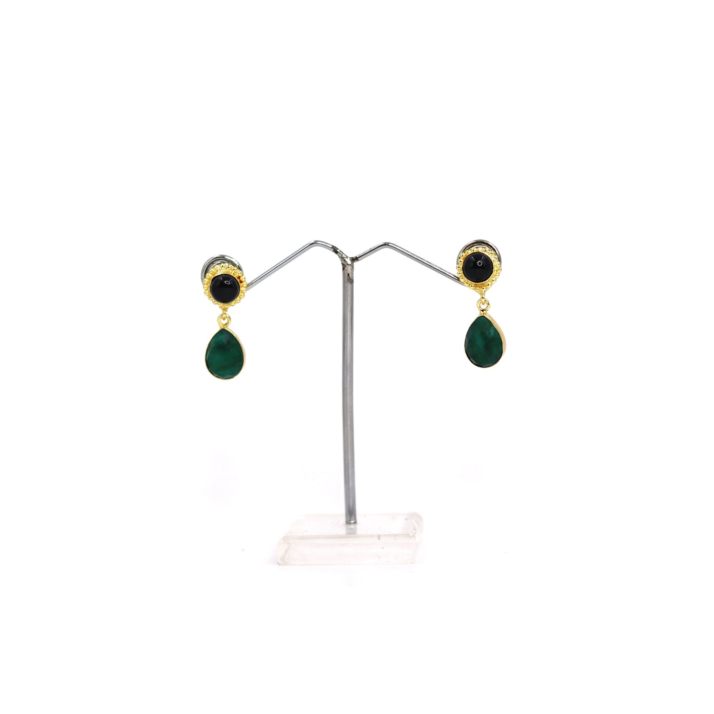 Divamas Luxurious Green & Black Raw Stone Drop Earrings – Gold Plated Designer Charm