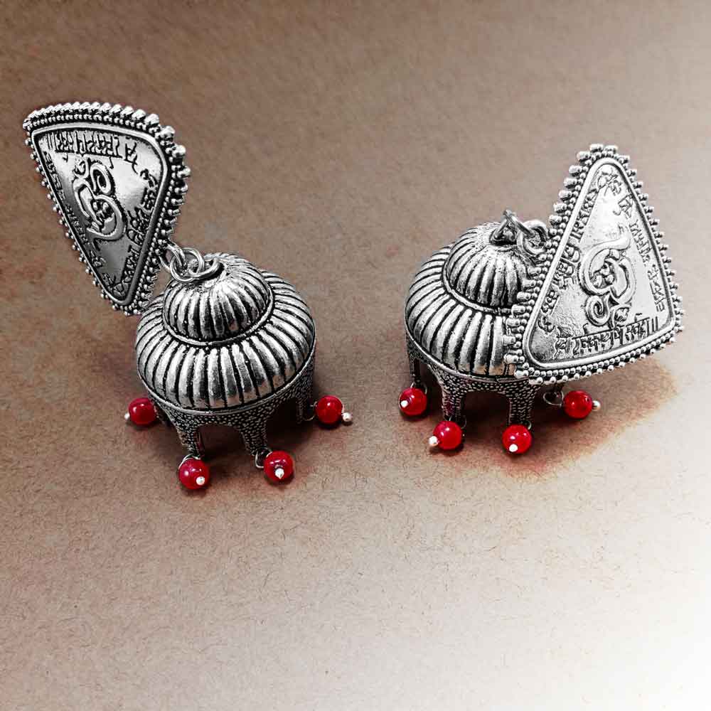 Divamas OM Tribal Jhumka Earrings | Handcrafted | Oxidized Silver - DIVAMAS