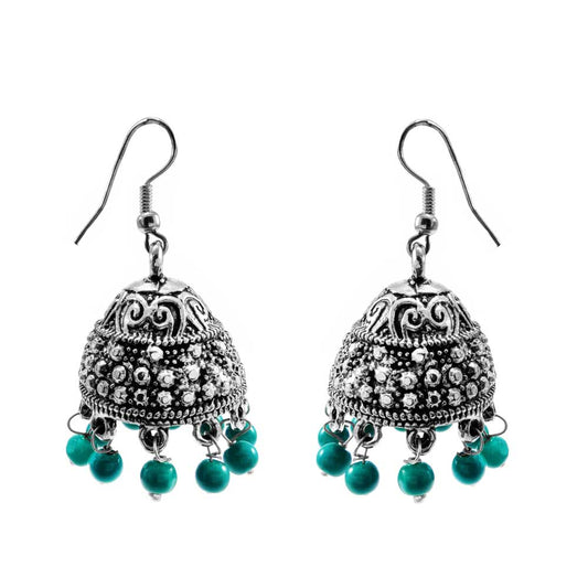 Divamas Handcrafted Jhumkas | Oxidized Silver & Blue Bead - DIVAMAS