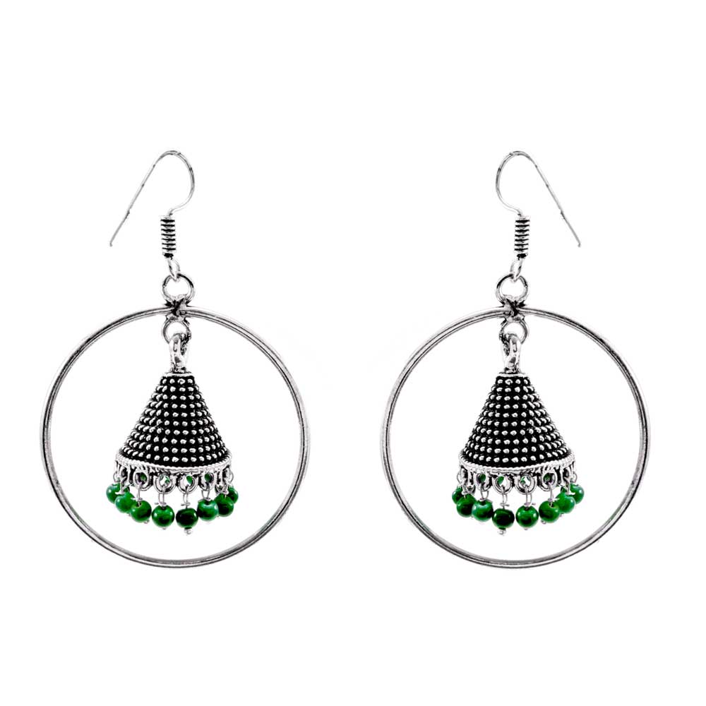 Divamas Hoop Jhumkas | Oxidized Silver & Green Stones - DIVAMAS